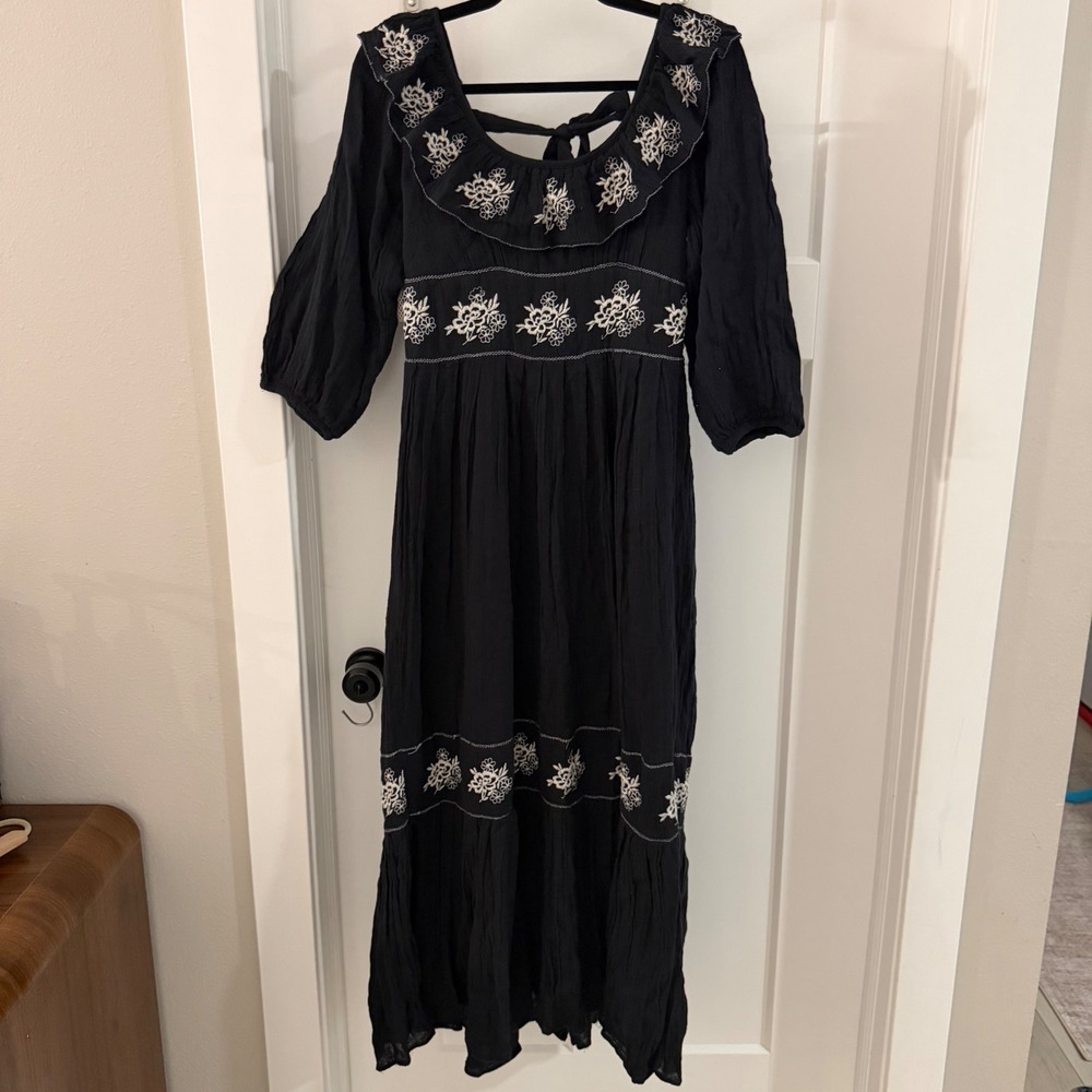 Free People Lovers Lane Black Floral Embroidered Maxi Dress Boho Ruffle Tie Back